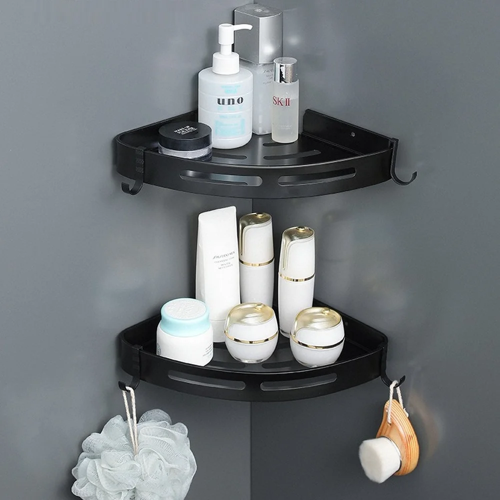 Black Aluminum Bathroom Shower Corner Shelf with Hook Bar Shampoo Holder