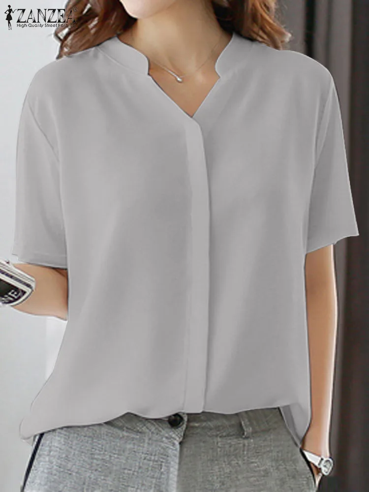 

ZANZEA Woman Fashion OL Office Shirt Summer Short Sleeve Tops Female Elegant Casual Loose Blouse V-Neck Solid Color Blusas Mujer