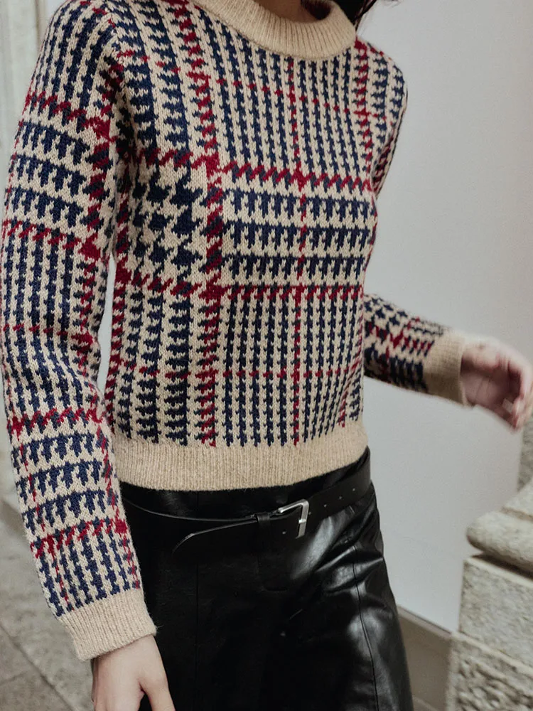 Faionable Knitted Sweater with Plaid Design Long Sve round Ne New Arrival for Women Autumn Winter ort Sle