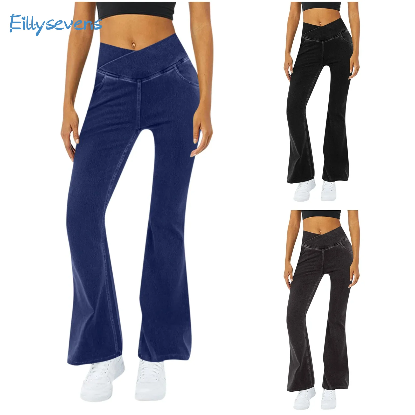 

Women'S Casual Pants Solid Color Yoga Trousers Fashion Cross High Waisted Breathable Washed Stretchy Slim Fit Flare Pants