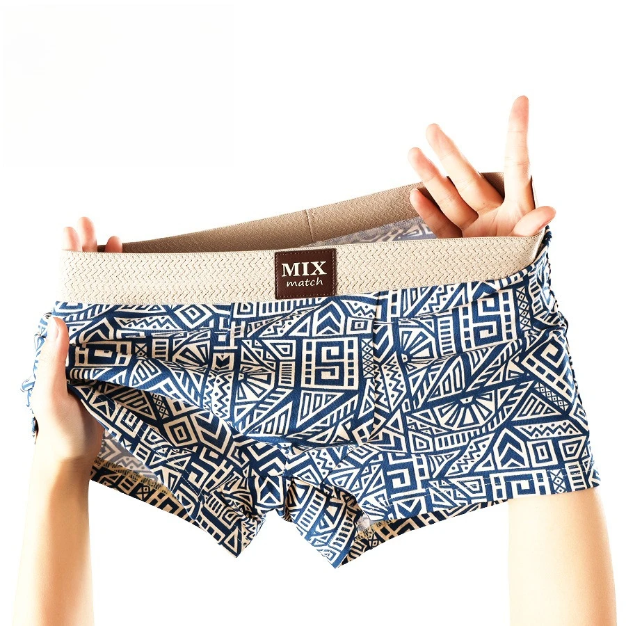 جديد القطن ملابس داخلية للرجال منتصف الخصر سلس حجم كبير تنفس المطبوعة سراويل شريط العرقية نمط السروال سراويل بوكسر