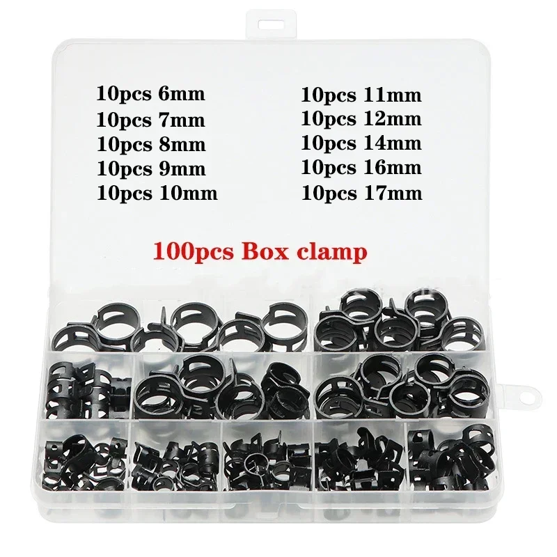 100Pcs/Set 6-17/6-22mm Black Q673B Vacuum Spring Fuel Oil Water Hose Clip Pipe Tube for Band Clamp Metal Fastener Assortment Kit 100Pcs/Set 6-17/6-22mm Black Q673B Vacuum Spring Fuel Oil Water Hose Clip Pipe Tube for Band Clamp Metal Fastener Assortment Kit