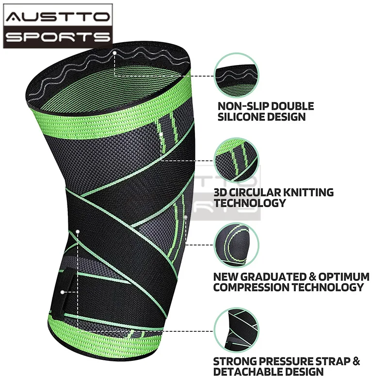 Austto Knee Brace Compression Sleeves with Strap Support Men Women Knee pain Meniscus tear Sports