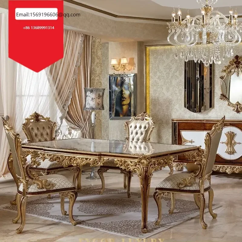 

European luxury solid wood dining table and chair combination French palace carved villa dining room furniture