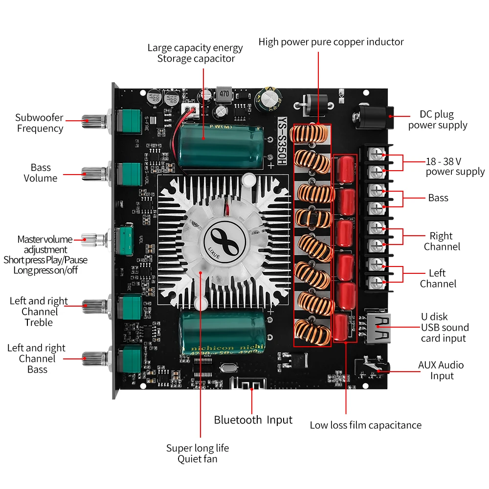 EGOLDEN YS-S350H 2.1 channel TPA3255 Bluetooth power amplifier module subwoofer 220W * 2+350W super 749 8E