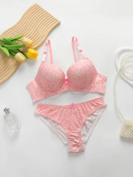 Sweet Pink leopard print Underwire Set Two Pieces Bras Panties Set Clothing Sexy Underwire Push Up Lingeries For Women A2135