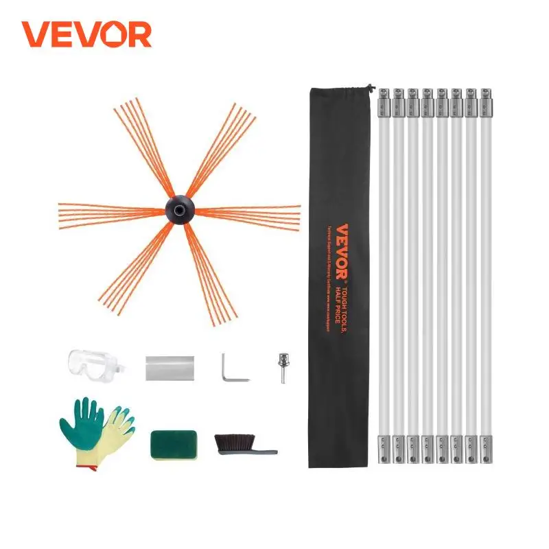 VEVOR 23/26/30/33/39ft Chimney Sweep Kit Reinforced Nylon Flexible Rods Ergonomic Chimney Cleaning Brush 360-Degree Brush chimney cleaning kit