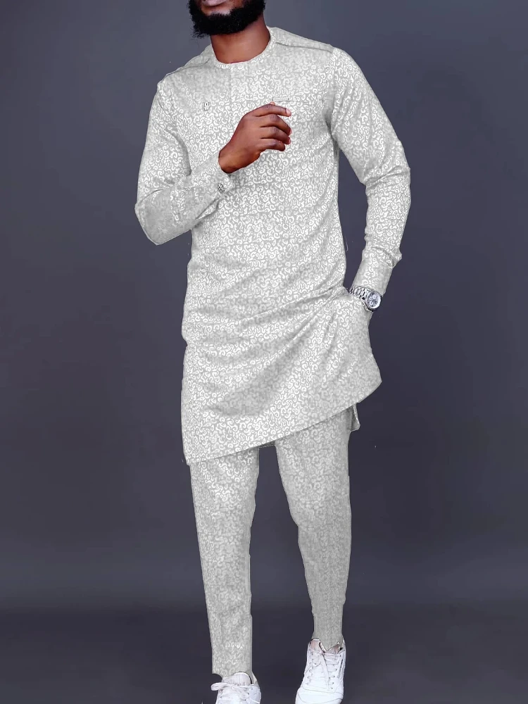 Men's luxury fashion casual white print two-piece set