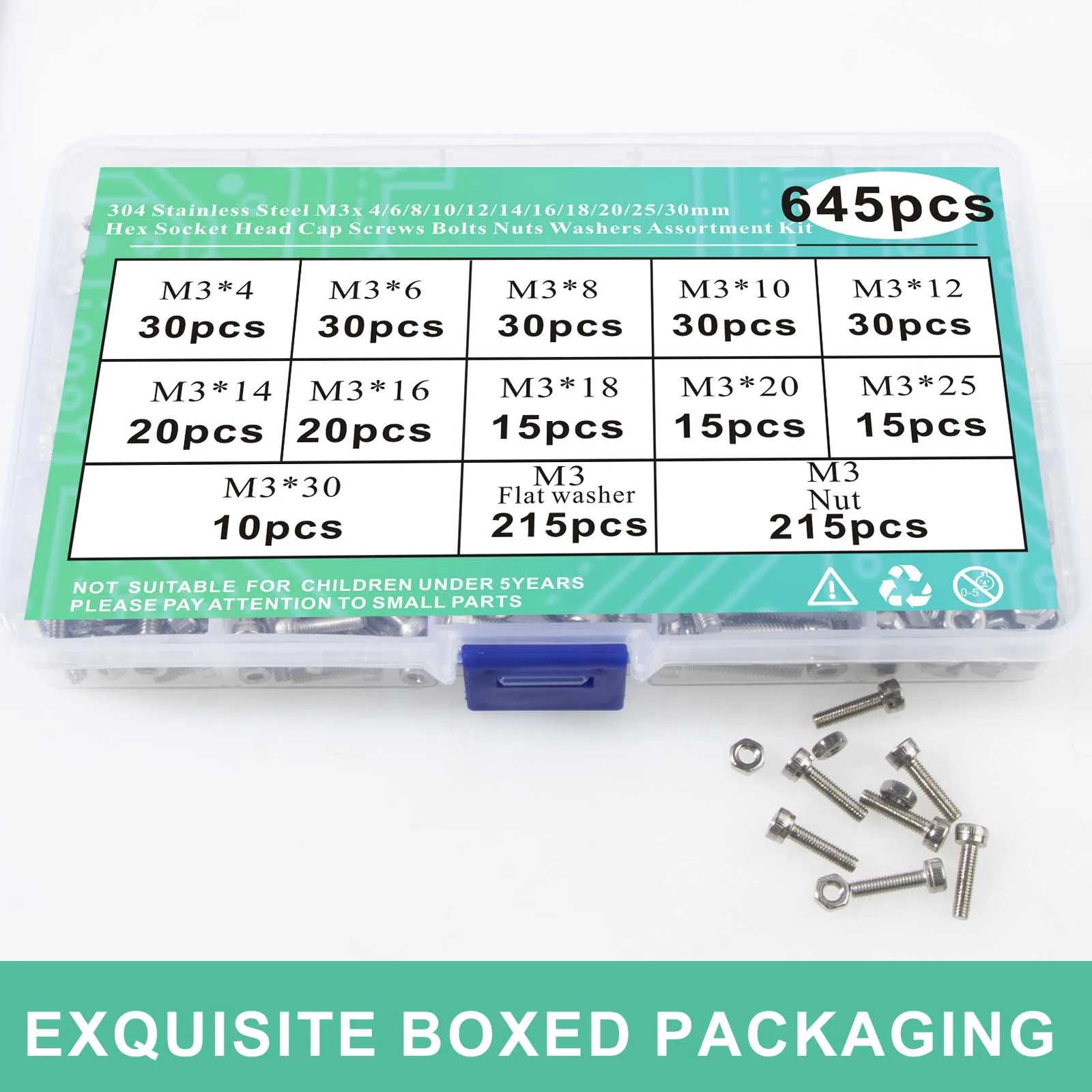 364/645Pcs M3 Hex Socket Head Cap Screws 304 Stainless Steel Bolts Nuts Washers Assortment Kit hexagon socket head bolt,hex socket screw,hexagon socket screw,hexagon socket head screw,stainless steel screw,screw and nut kit