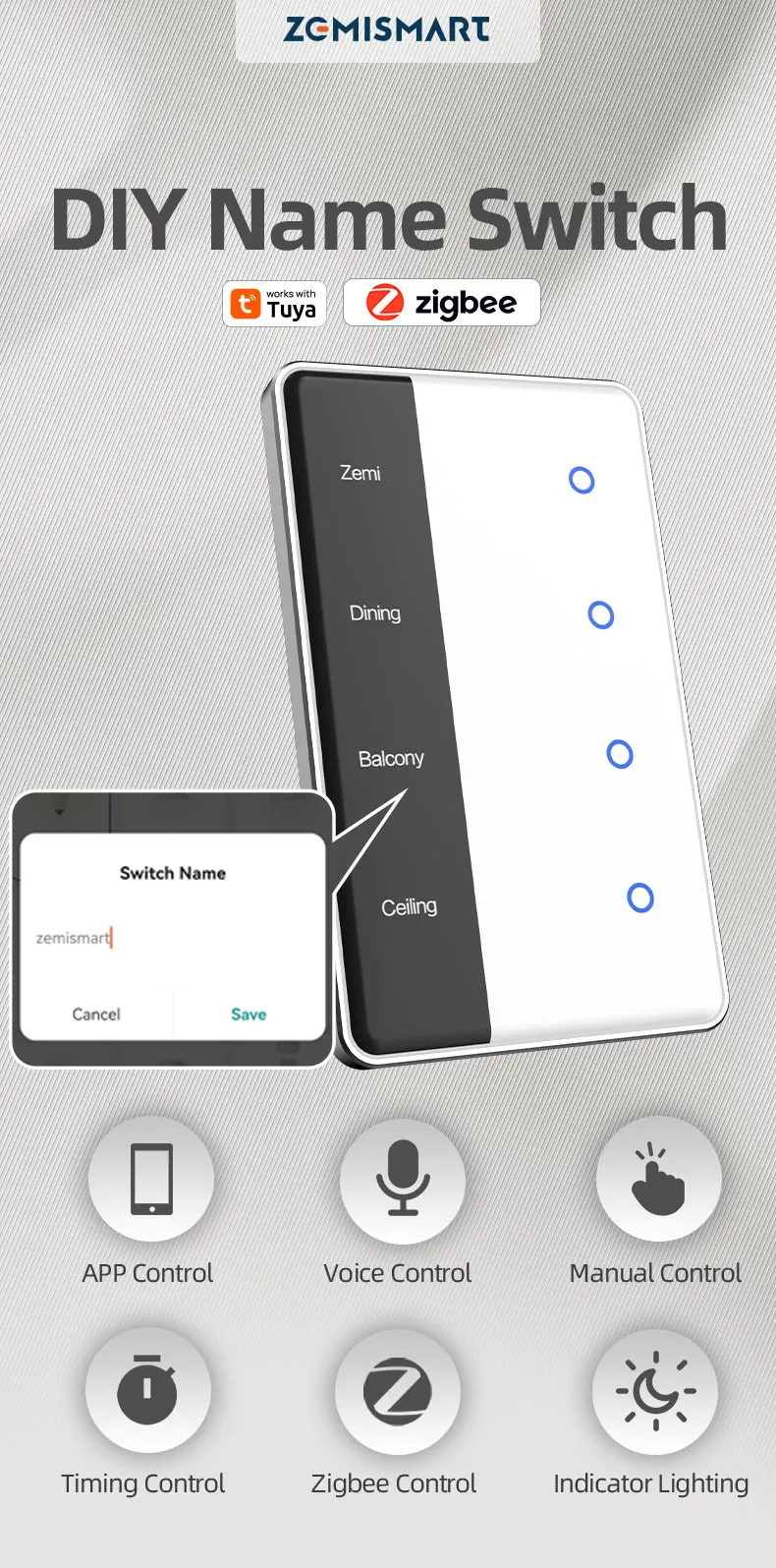 Zigbee DIY Name Switch with Display Screen Touch Panel US Light Switch Works wit