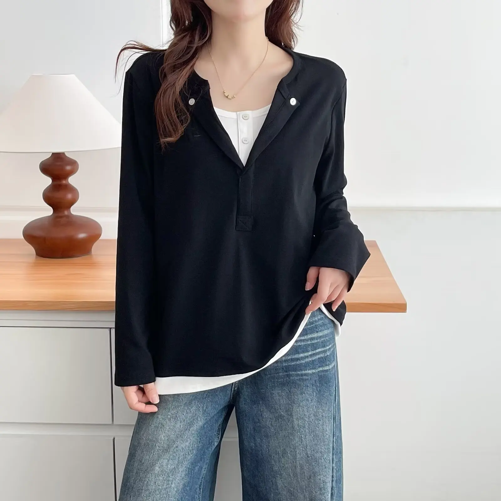 Fashion Plus Size Women's T-Shirt Autumn New Casual Style Fake Two Pieces Long Sleeve Stylish Tops 988