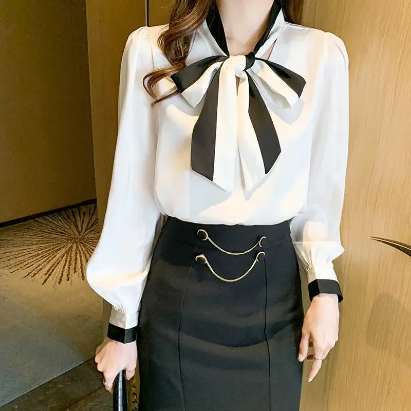 

Bow Commuter Shirt Women's Clothing Pullovers Sweet Office Lady Straight Spring Autumn New V-Neck Long Sleeve Blouse Female V437