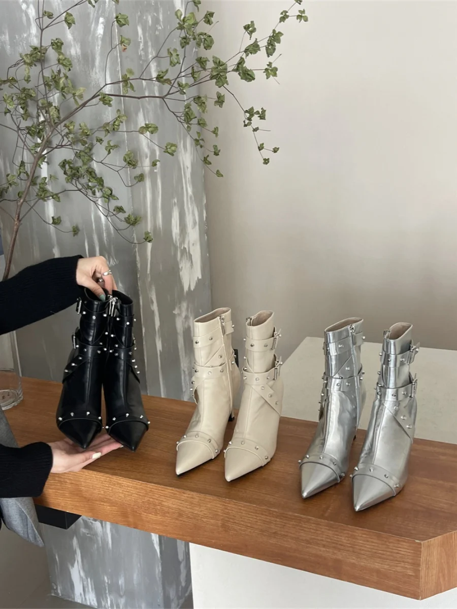 

Shoes Women's Boots Autumn Boots-Women Zipper Luxury Designer 2023 Leather High Heel Ankle Ladies Fashion Rubber Pointy Rome PU