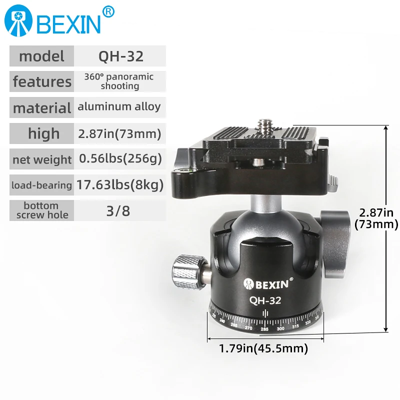 BEXIN DSLR 카메라 볼헤드 삼각대, 알루미늄 합금 사진 볼헤드 삼각대, 3 인치, 8 인치 나사, 360 도 회전, LH28, LH32
