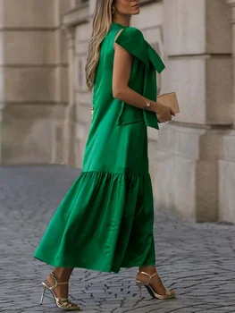 Robe soirée verte femme sans manches nouée plissée élégante