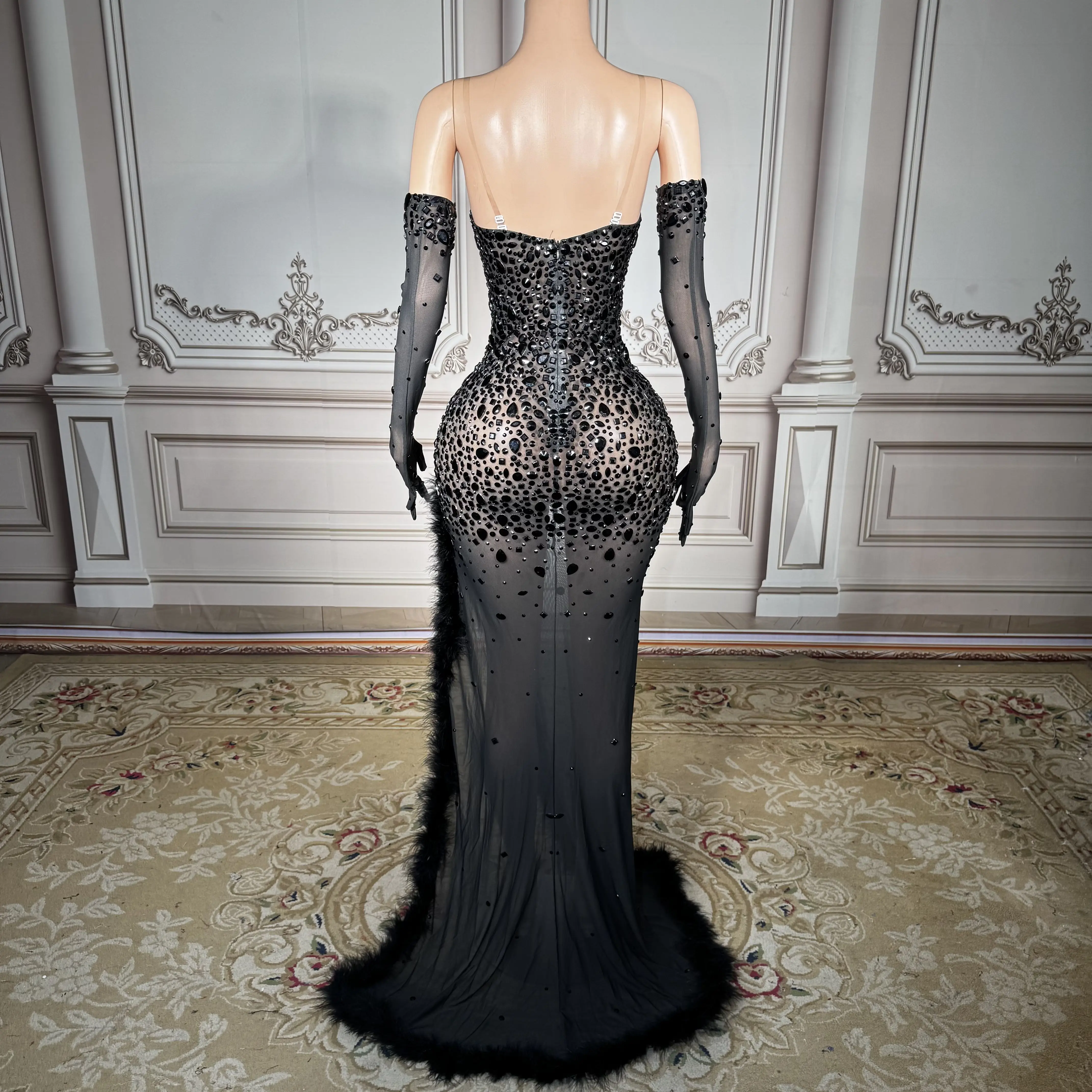 ZD Boutique Wholesale Women Mesh See-through Slim Fit Evening Dress  Feathers Rhinestones Backless Black Party Dress - AliExpress 200000345