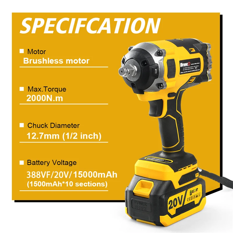 2000N.m 20V Brushless Electric Impact Wrench Rechargeable Li-ion Battery 1/2" Socket Wrench Cordless Wrench Plastic Box Tools 2