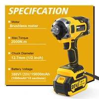 2000N.m 20V Brushless Electric Impact Wrench Rechargeable Li-ion Battery 1/2" Socket Wrench Cordless Wrench Plastic Box Tools 2