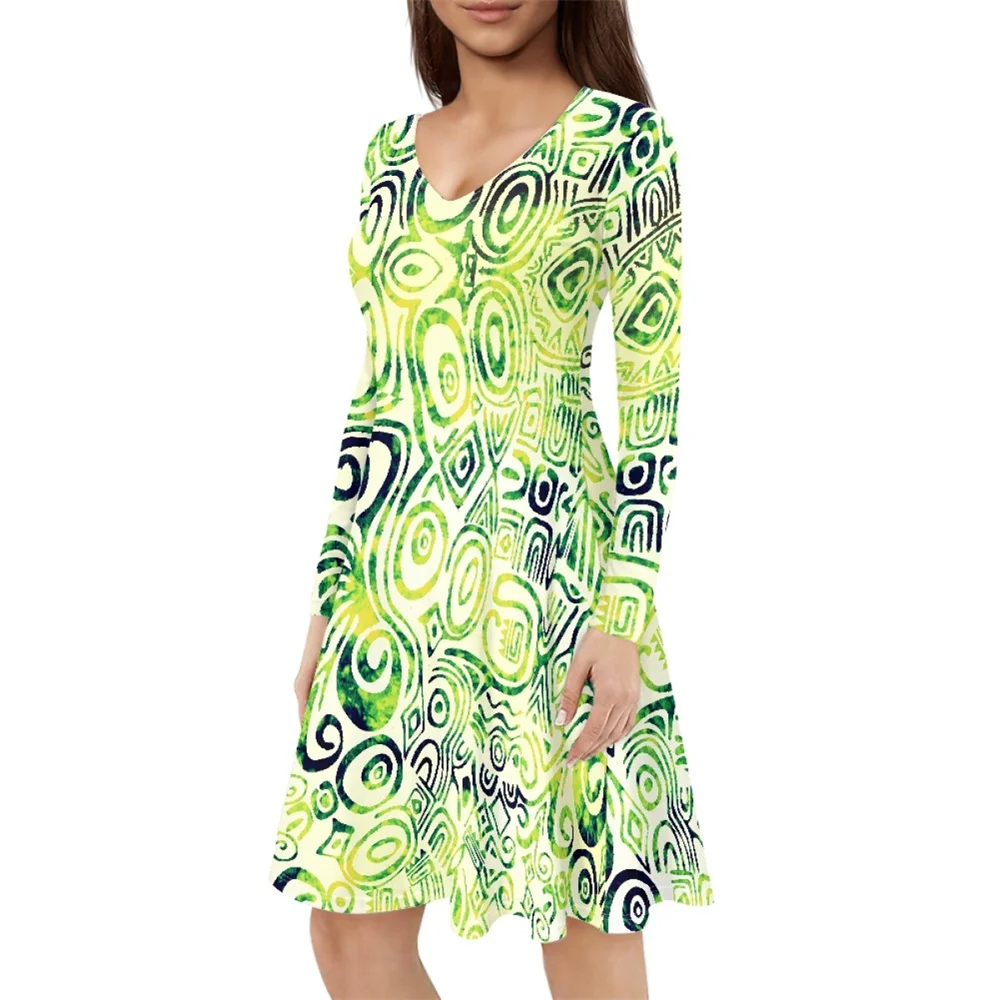

Women Beach Long Sleeve V Neck One Piece Dresses Streetwear Polynesian Tribal Clothing Samoan Fijian Island Print Custom Female
