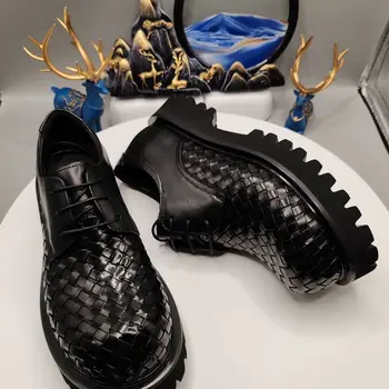 Big Head Leather Men's 2025 New Leather Round Head Platform Woven Pattern Trend Casual Business Space-up Sneakers Shoes