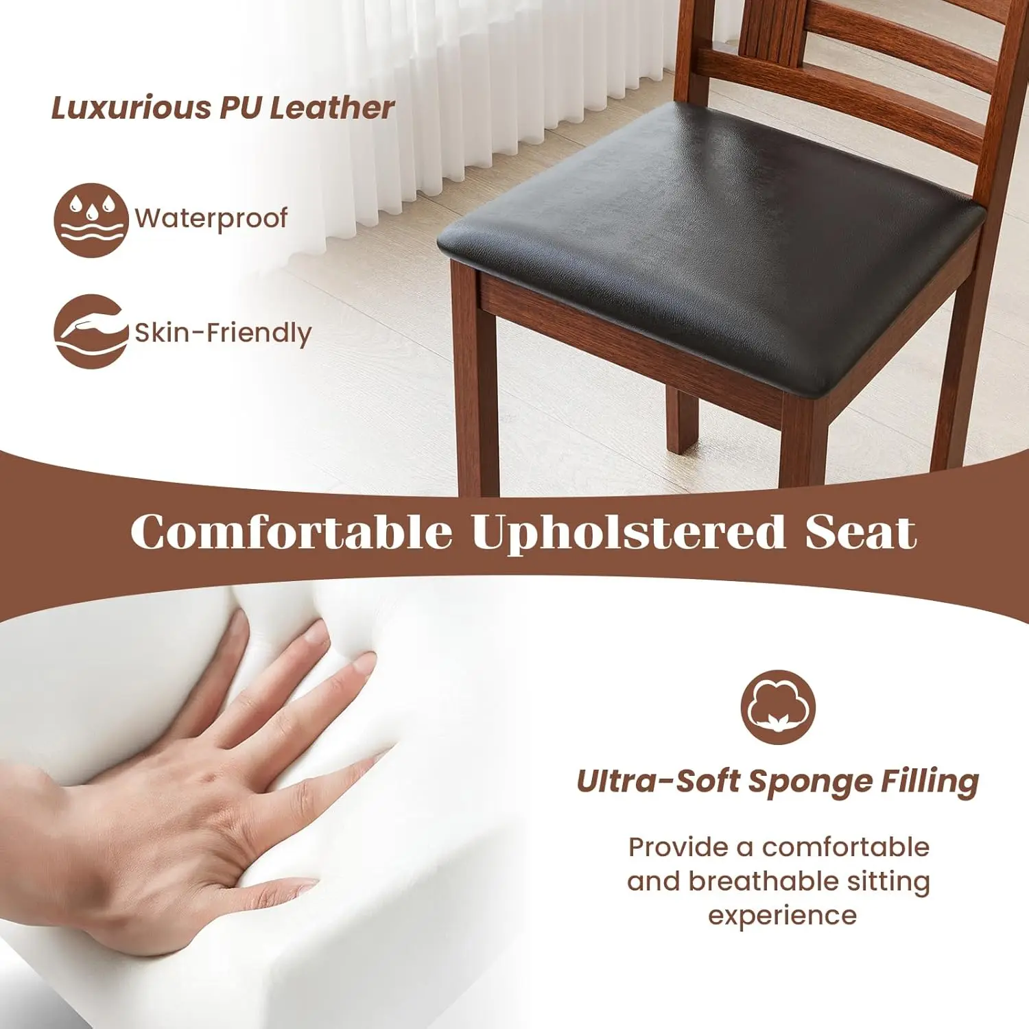 Wooden Dining Chairs Set of 4, Upholstered Kitchen Side Chairs with Faux Leather Padded Seat & Rubber Wood Frame