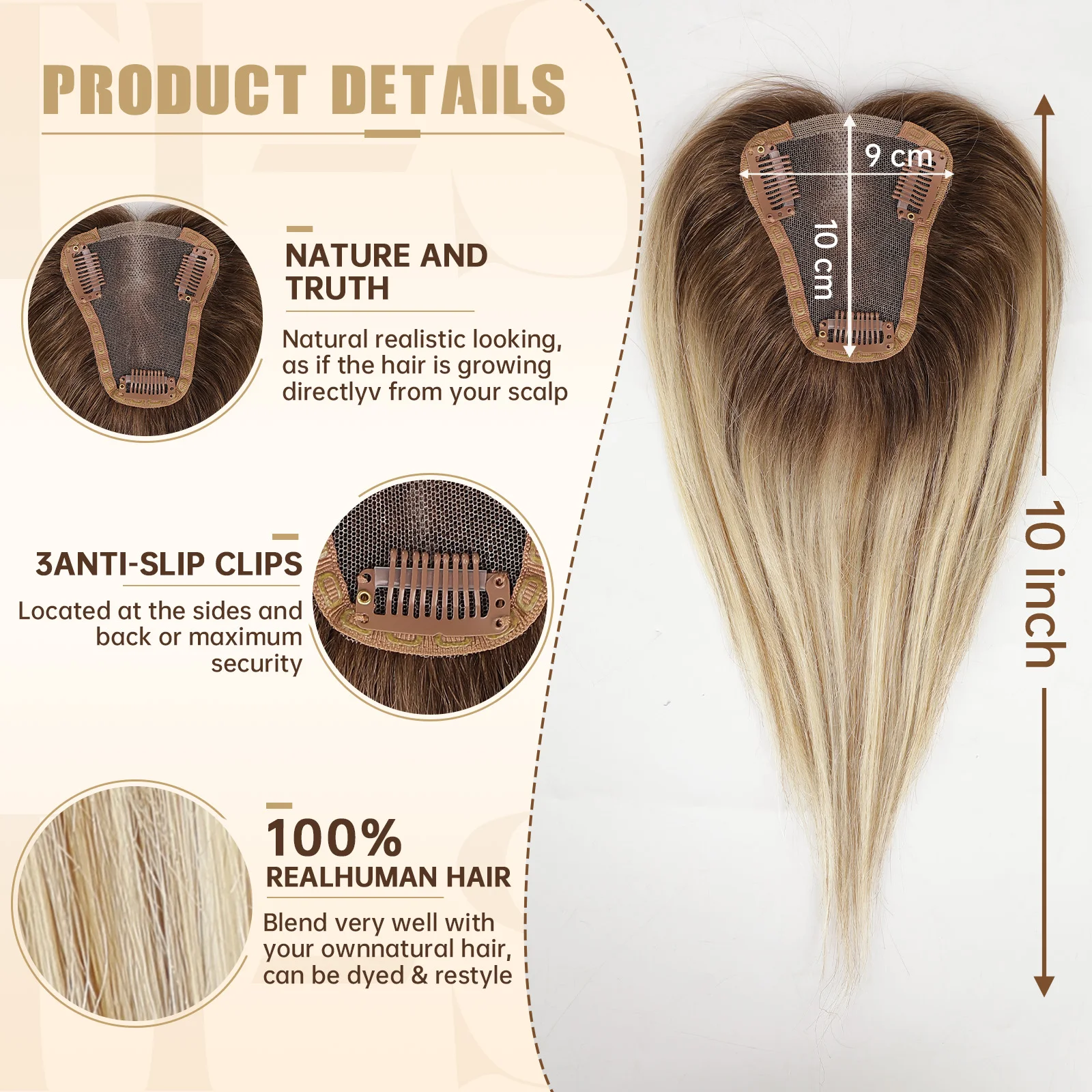 Human Hair Toppers, Human Hair Lace Closure, Human Hair Weave Bundles Blonde Mixed Brown Human Hair Topper Middle Part Straight Hairpieces Remy Human Hair Silk Top Base Extension Women