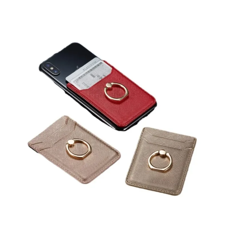 링 클립이 있는 듀얼 슬롯 PU 가죽 전화 홀더 다기능 자체 접착 ID 카드 케이스 3M 접착 전화 스탠드