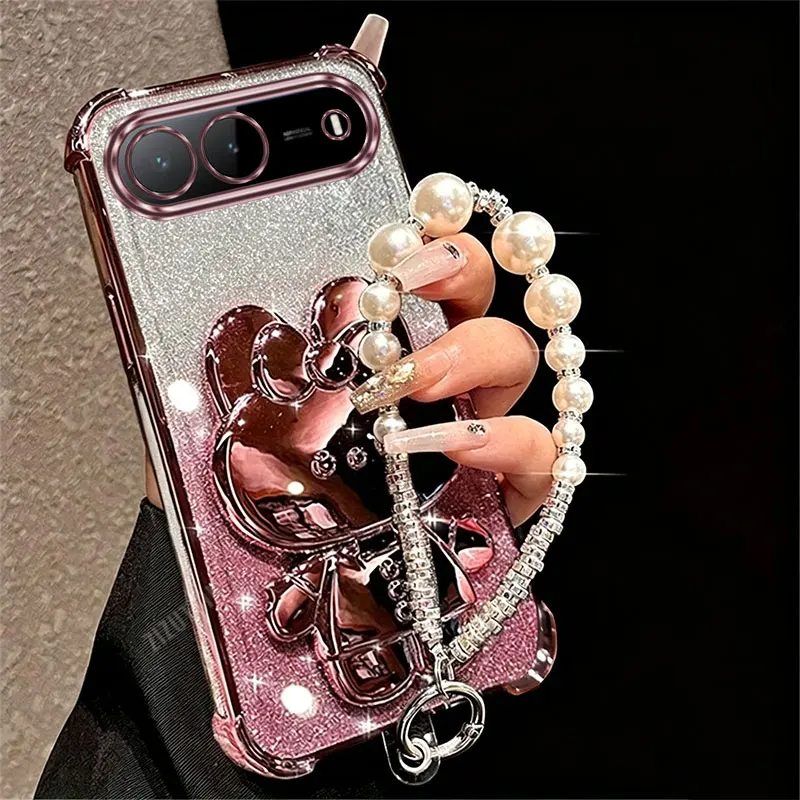 Pearl Lanyard Rabbit Phone Holder Case with Back Cover