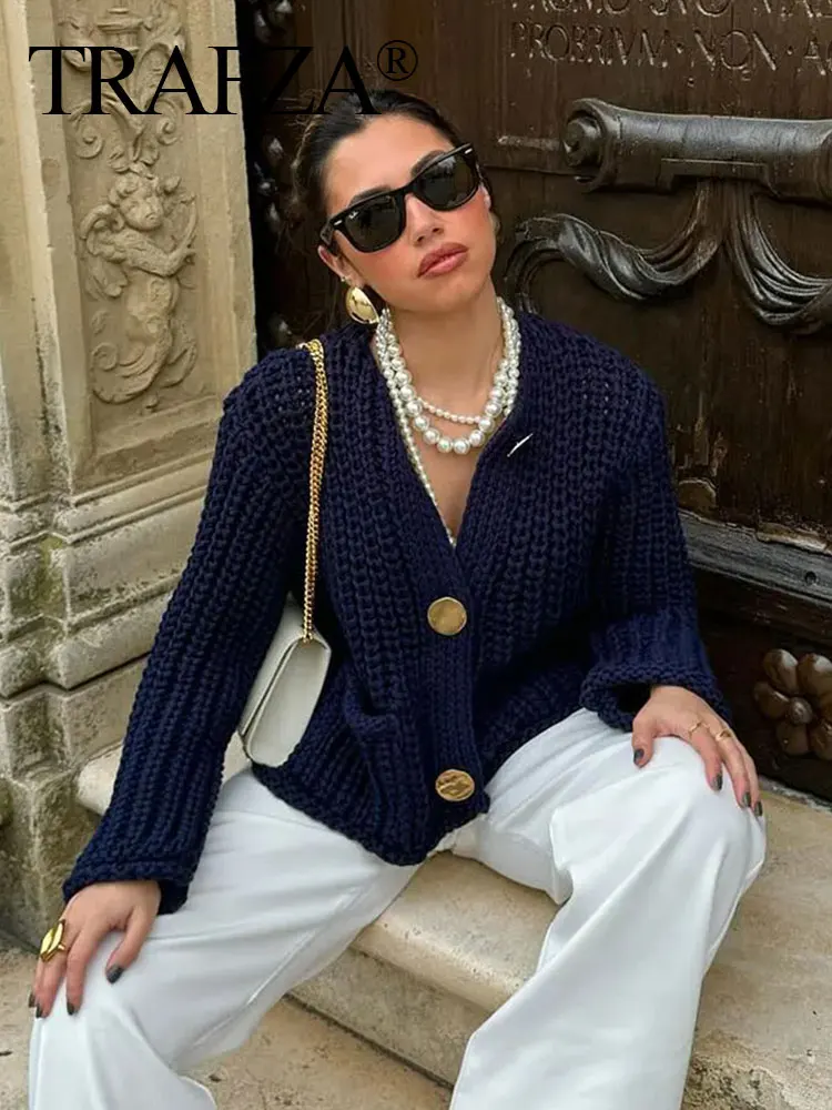 HH Autumn Knitted Cardigan For Women Casual Button O-Neck Long Sleeve Female Sweater 2024 Fashion Solid Loose Lady Cardigans