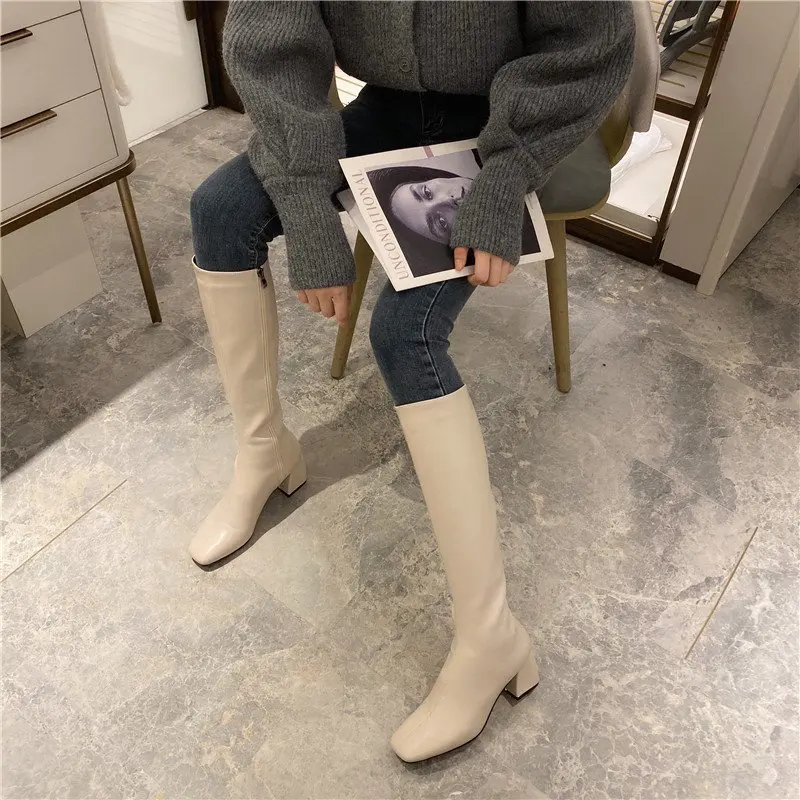 Women Thigh High Boots Women Casual Plush Knee Boots High heeled knight boots Ladies Leather Long Boots White Black Shoes Large