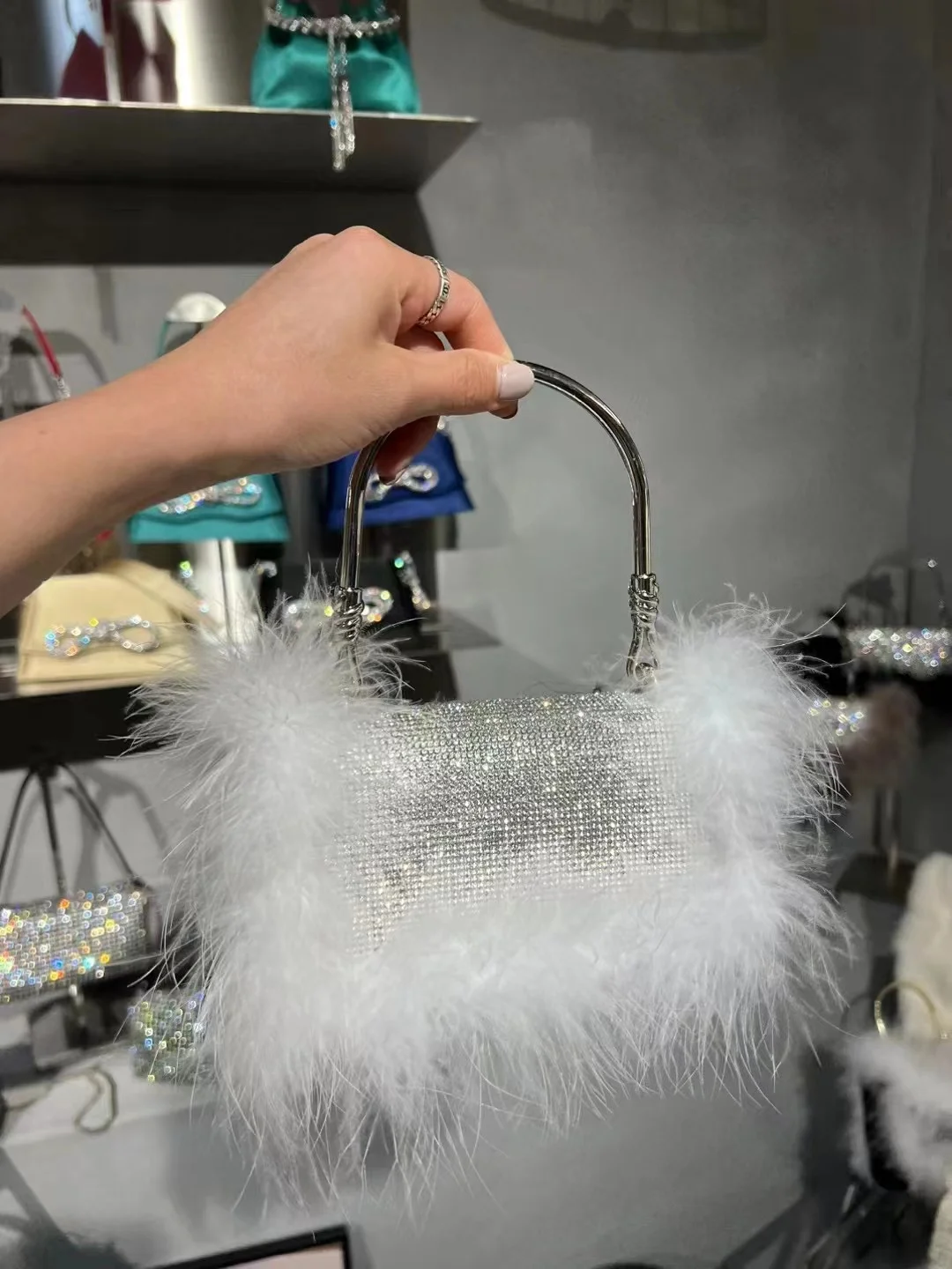 Luxury Designer Ostrich Feather Square Bag Crystal Shiny