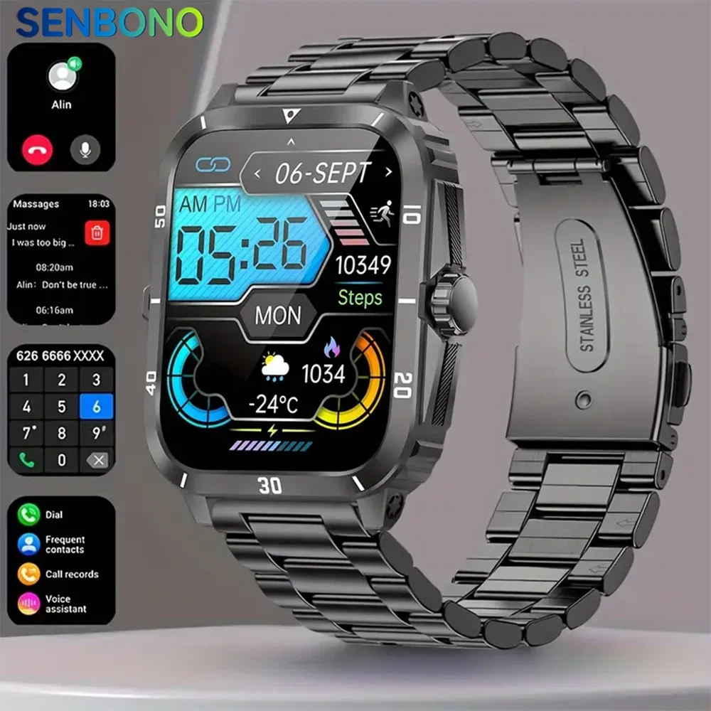 SENBONO 2024 New Smartwatch Men Bluetooth Call 3ATM Waterproof Watch 100+ Sport Modes Heart Rate Monitor Smart Watch for Men