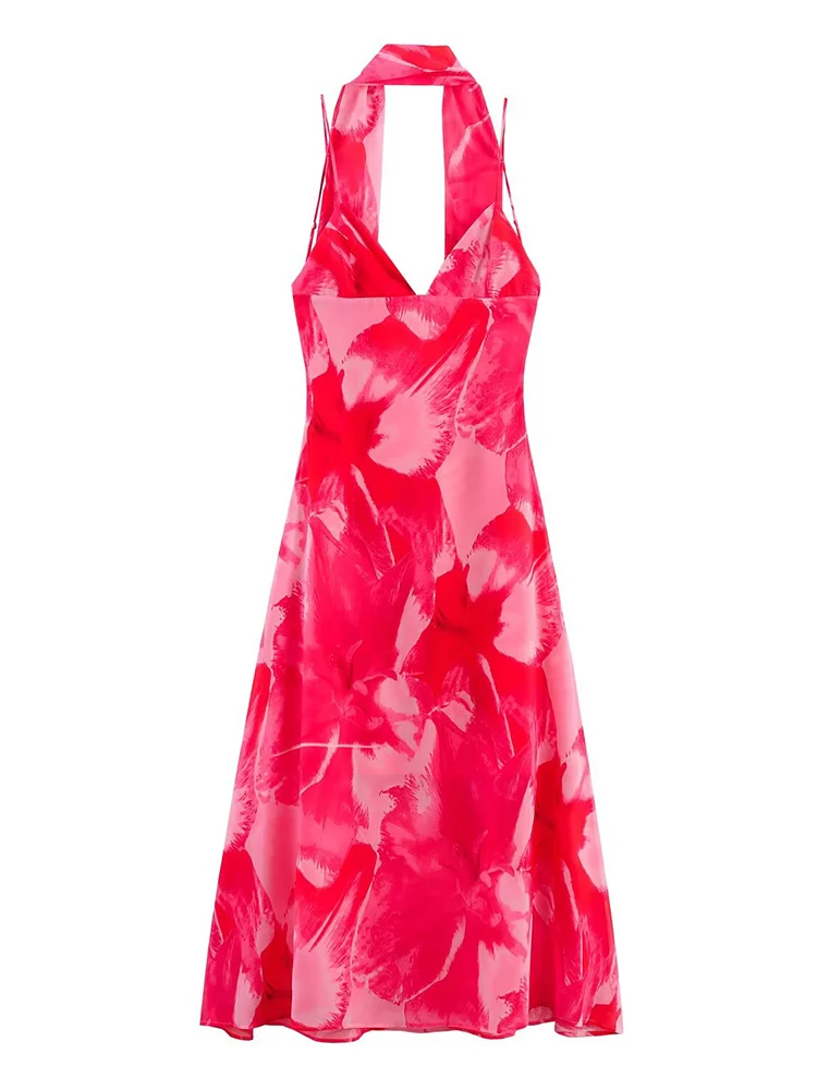 TFMLN Summer Women Romantic Scarf Midi Dress Female Sexy V Neck Backless Slim Printed Sling Dress Fashion Elegant Vacation