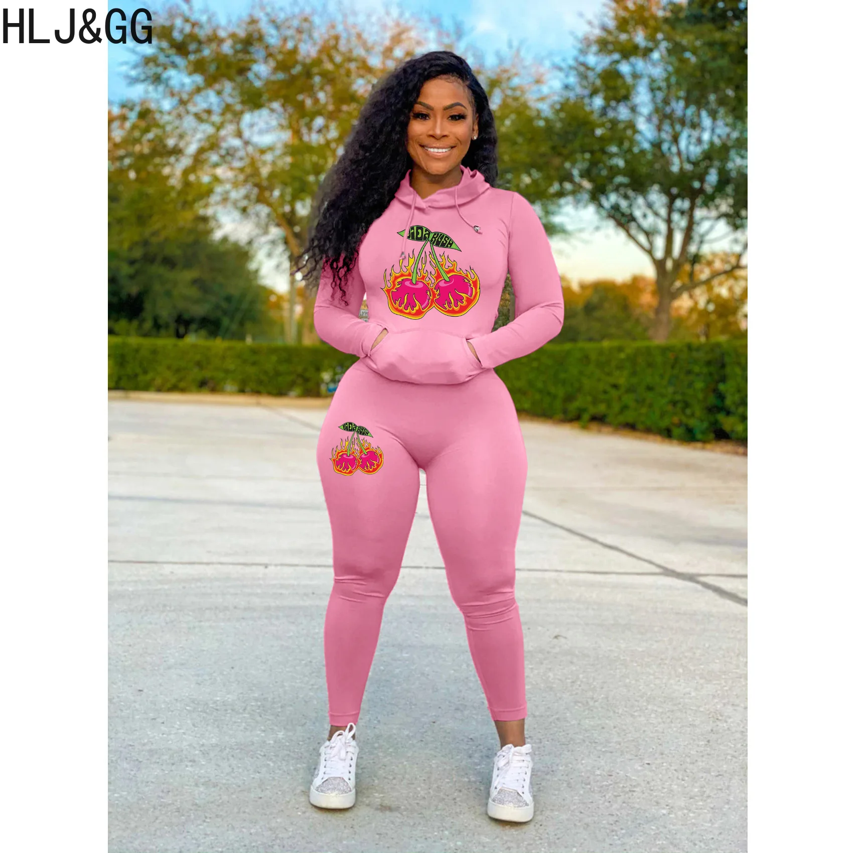 HLJ&GG Fashion Hooded Printing Tracksuits Women Long Sleeve Sweatshirt And Jogger Pants Two Piece Sets Casual Sporty 2pcs Outfit