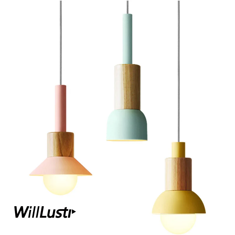 

Macaron Pendant Lamp Iron Wood Ceiling Chandelier Hotel Bar Sitting Dining Bedroom Pink Green Yellow Suspension Hanging Lighting
