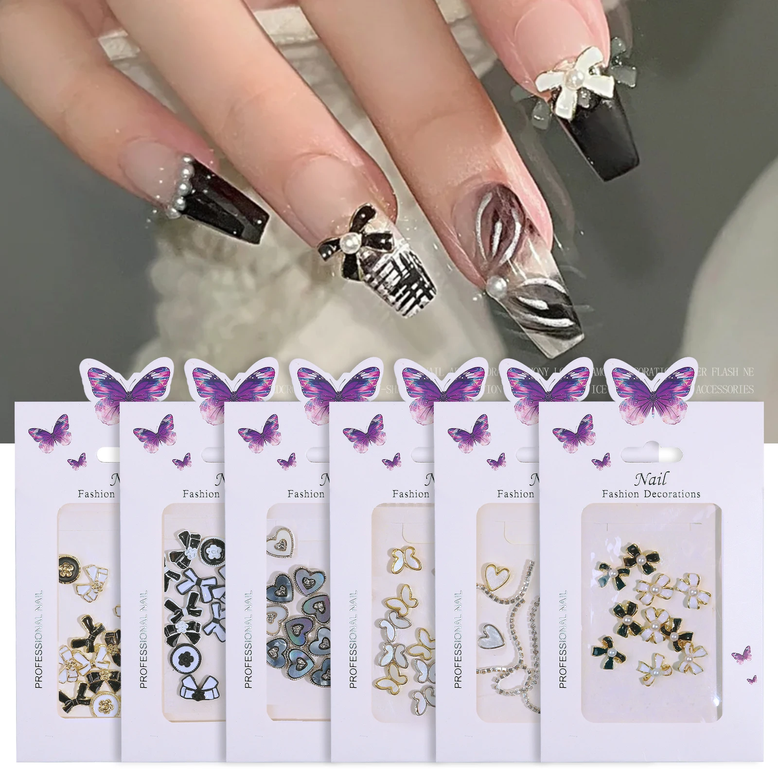 

1 Pc Butterfly Bow Alloy Nail Art Decorations Small Fragrance Ornaments Heart Designs Black White Alloy a Mainicure Accessories