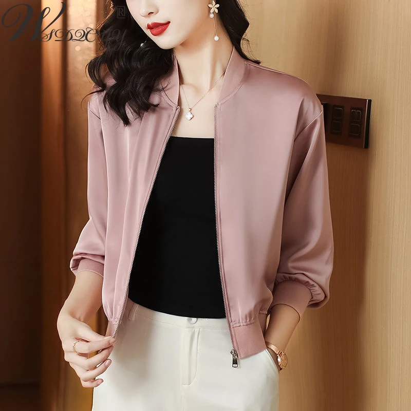 

Casual Cropped Coat Women Solid Colors Satin Thin Spring Summer Jacket Korean Fashion Basic Ourwear Plus Size
