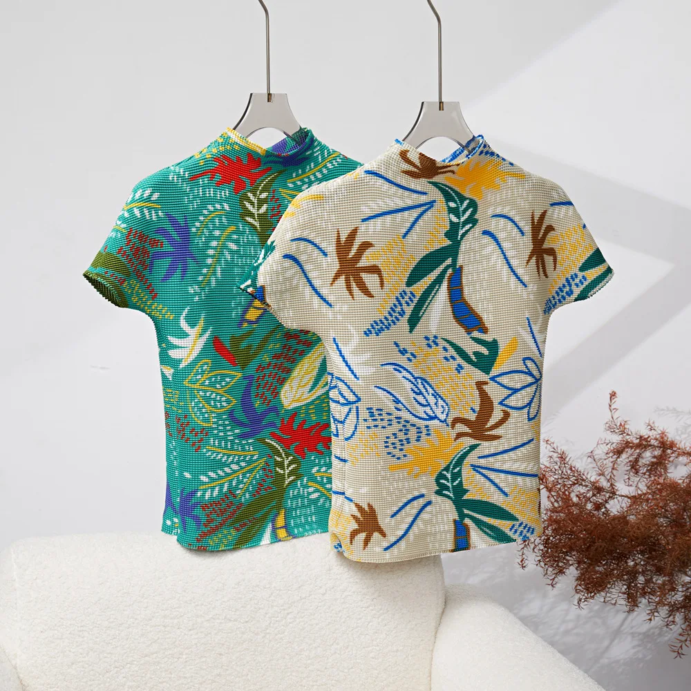 

2023 Summer New Women's Thin T-Shirt Comfortable Breathable Printed Pleated Fashion Trend Tops