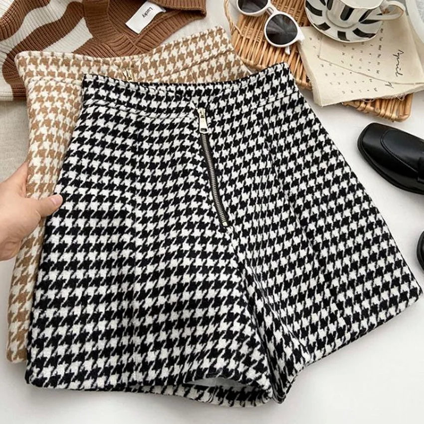 

Женские шерстяные широкие шорты из твида, с высокой талией и молнией