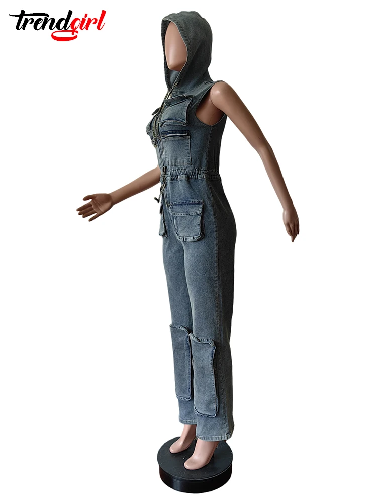 Trendgirl Vintage One Pieces Overalls Denim Stretch Women Zipper Pocket Jumpsuit Hoodies Drawstring Waist Streetwear Jean Romper