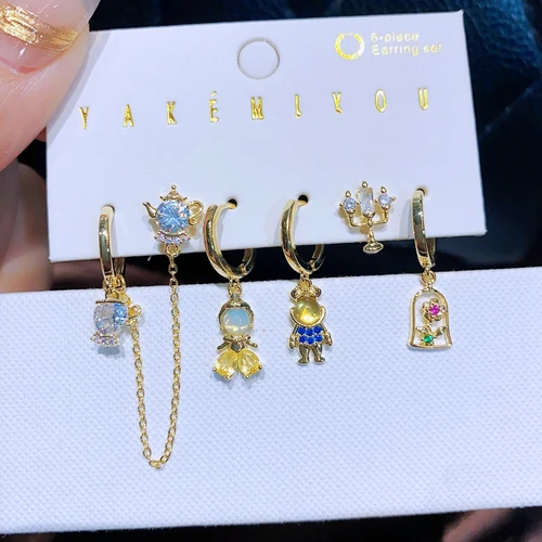 MIGGA 큐빅 지르콘 크리스탈 공주 드롭 귀걸이 세트, 오리지널 동화 여성 파티 쥬얼리, 6 개 2