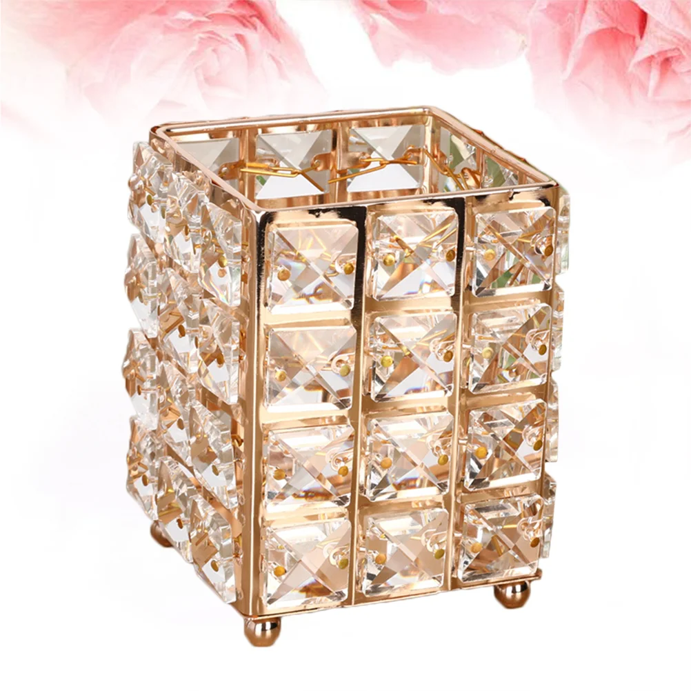 

Crystal Pen Holder Comb Makeup Brush Pot Pencil Storage Container Desktop Square Organizer Ornaments (Golden)