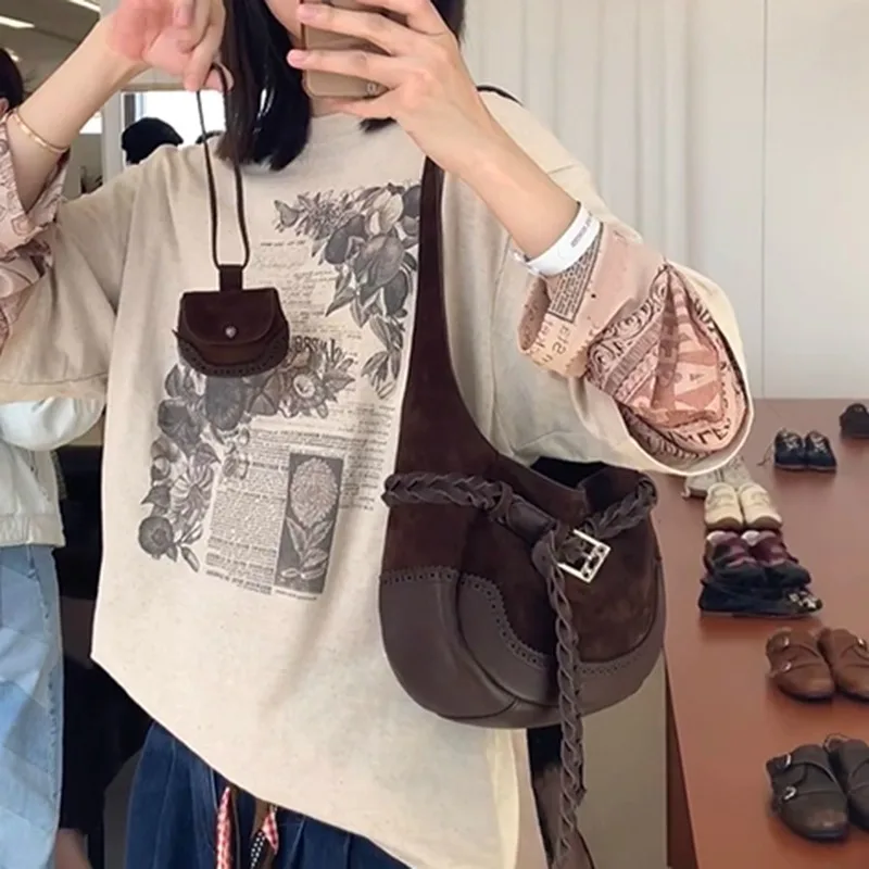 Retro design frosted women bag versatile pleated drawstring small square bag 2025 new high-quality handbag shoulder bag