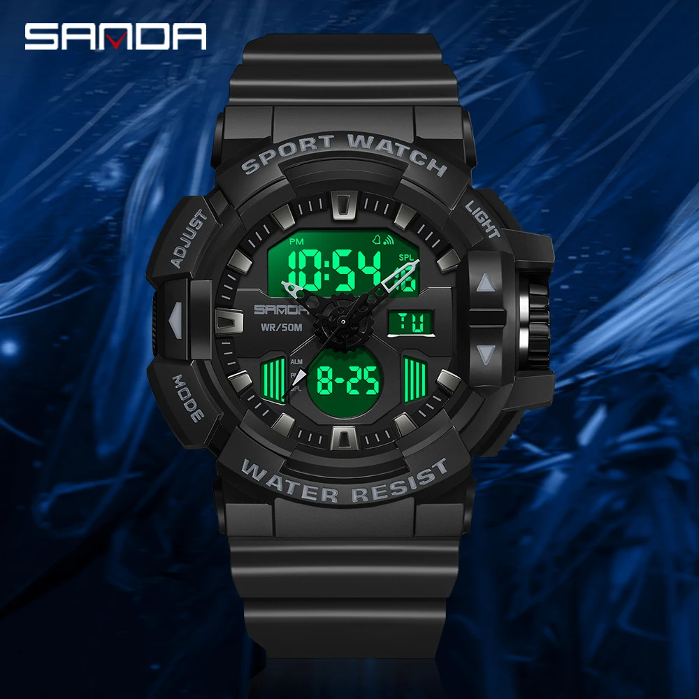 SANDA 3129 Men Military Sport Wrist Watch Yellow Blue Quartz Waterproof Watch Dual Display Male Clock Watches Relogio Masculino