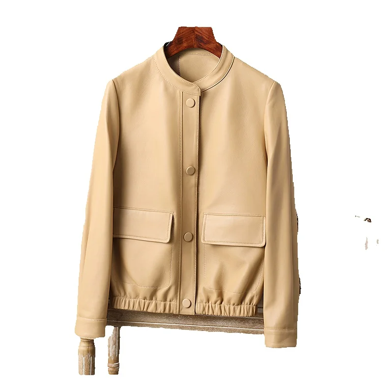 

Женская куртка из натуральной кожи Ji Xin, повседневная однотонная кожаная куртка с воротником-стойкой, короткая куртка из овчины