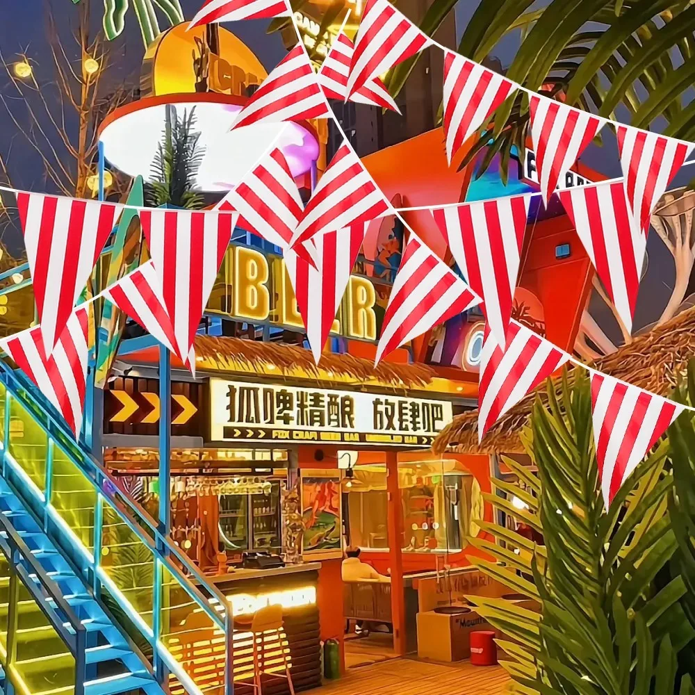 10/20M Red White Striped Pennant Triangle Bunting for Circus Carnival Theme Party Flag Decorations Birthday Party Decoration