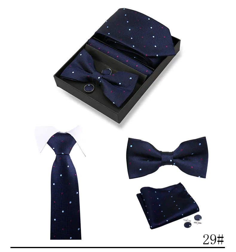 Hochwertige handgefertigte Krawatten, Fliege, Einstecktücher, Manschettenknopf-Set, kariertes gestreiftes Krawatten-Set in Geschenkbox für Männer, passend für die Hochzeit am Arbeitsplatz – Detail 34