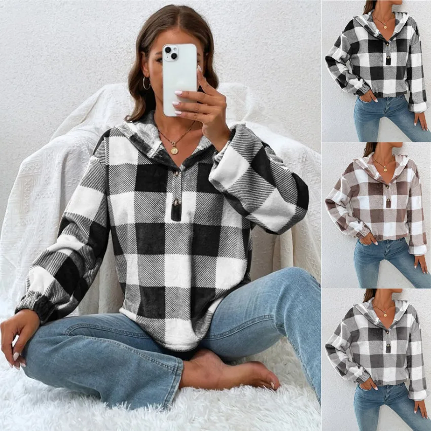 

Streetwear Women's Loose Coat 2023 Autumn/Winter New Casual Plaid Half Open Collar Pocket Button Hooded Plush Sweater
