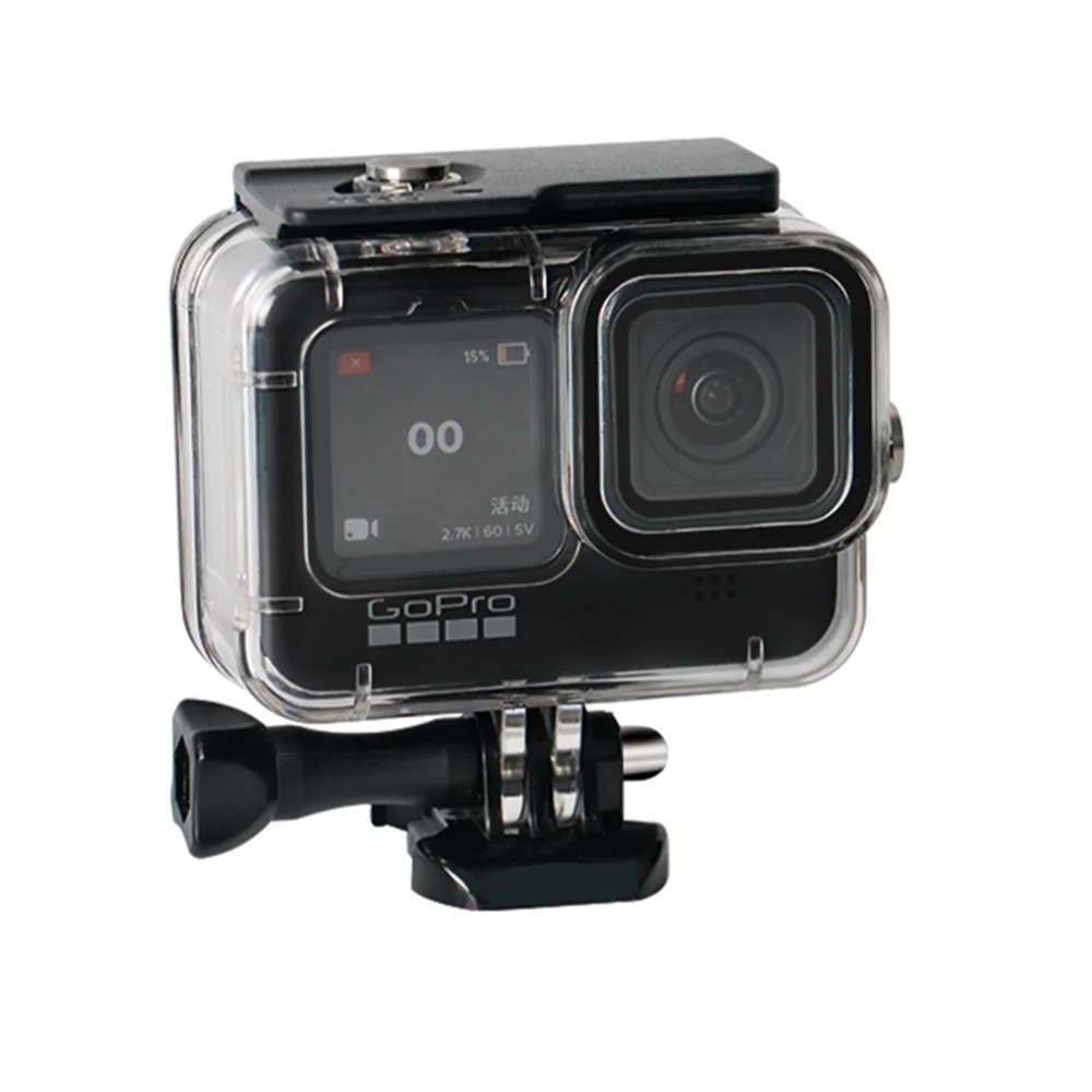 Ouverture du caisson étanche 60m pour GoPro Hero 13/12/11/10/9, montrant le joint d'étanchéité et le logement de la caméra.