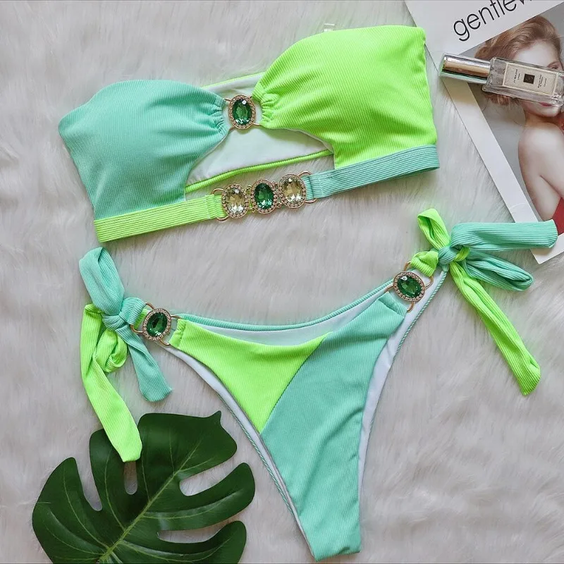 Women's Rhinestone Colourful Cutout Bandeau Bikini Set Sparkly Rave Outfits Two Piece Sexy Swimsuit Bathing Suit